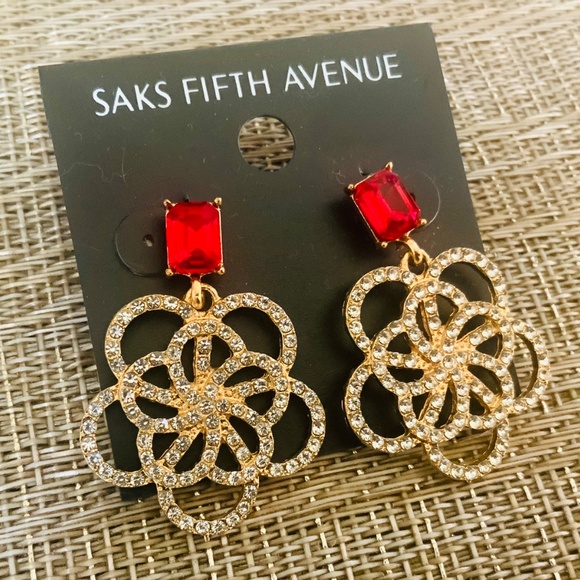 Saks Fifth Avenue EARRINGS🩷NEW Crystal / RED Flower SPARKLING DANGLE PIERCED - Picture 6 of 7